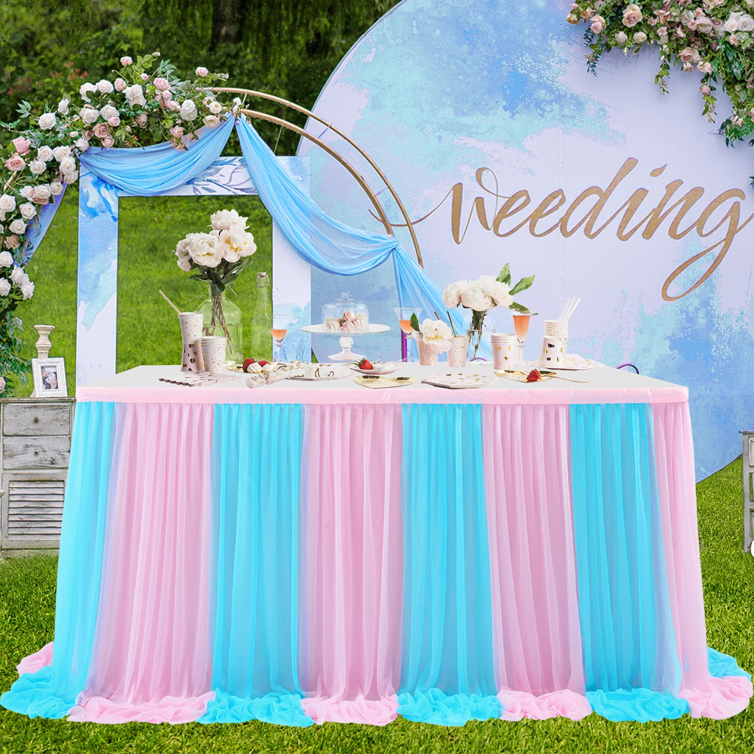 9Ft Pink And Blue Gender Reveal Table Skirt For Baby Shower Boy Or Girl Tulle Tutu Table Cloths Cover For Birthday Party Wedding